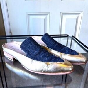 ESQUIVEL "Grace" Gold Leather & Denim Mules EUC/sz 8.5